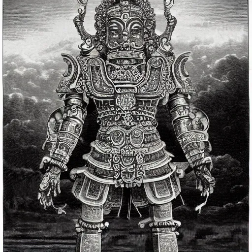 Image similar to a detailed engraving of a giant hindu robot god in the style of gustave dore