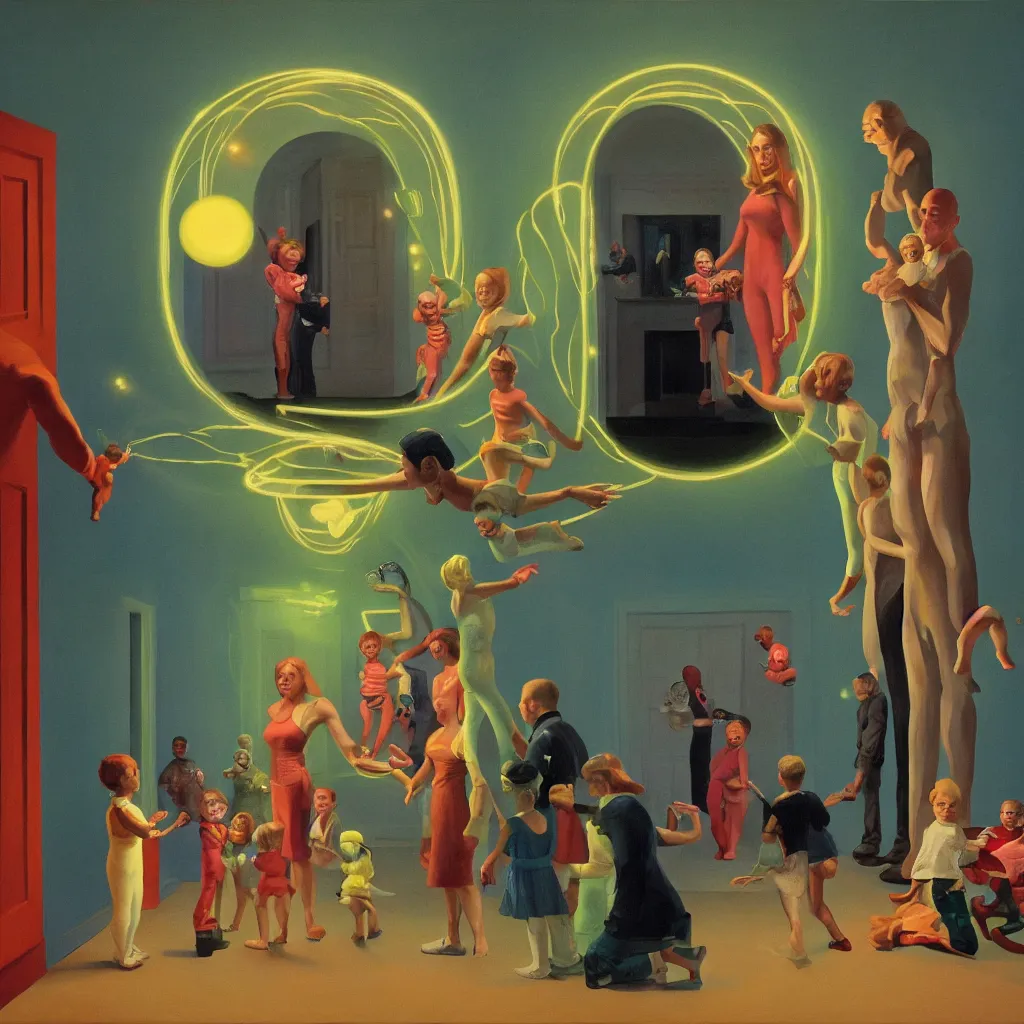 Image similar to painting of a costumed family being shown how to open portals by a large glowing alien in their suburban living room maze, designed by gucci, energetic glowing orbs in the air, in the style of edward hopper and james jean