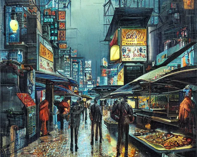 Image similar to street with food stands in a cyberpunk city on a rainy melancholy night by salvadore dali