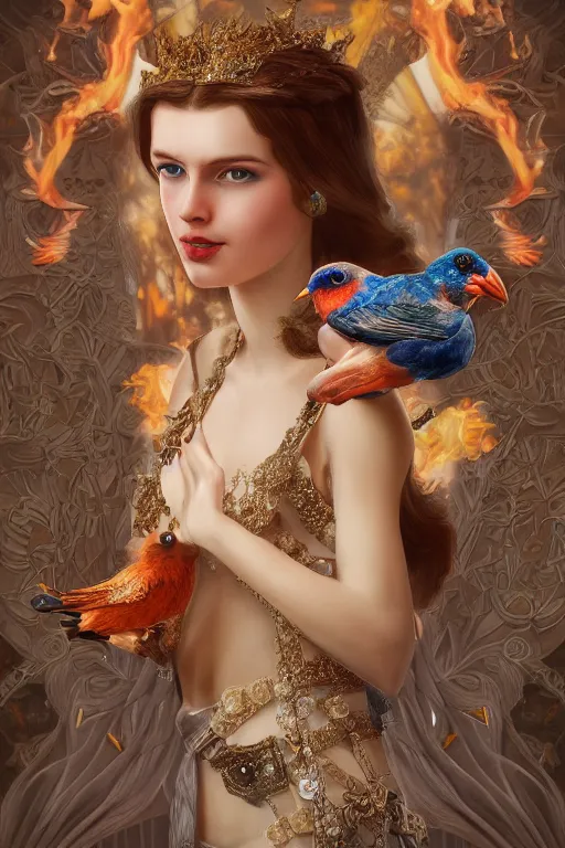 Image similar to zoom in 3 d render of english princess holding birds, fire, diamonds, ornaments, mucha vibe, dieselpunk, solarpunk, artstation, andrei riabovitchev