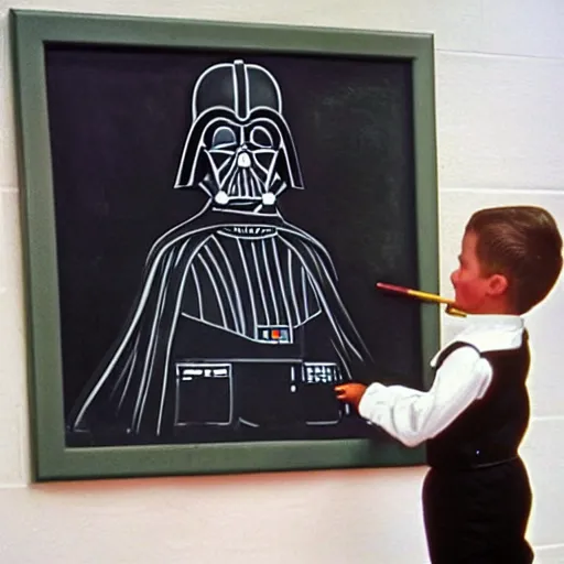 Prompt: darth vader writing on a chalkboard in front of a kindergarten class, style of norman rockwell, style of grant wood grant wood