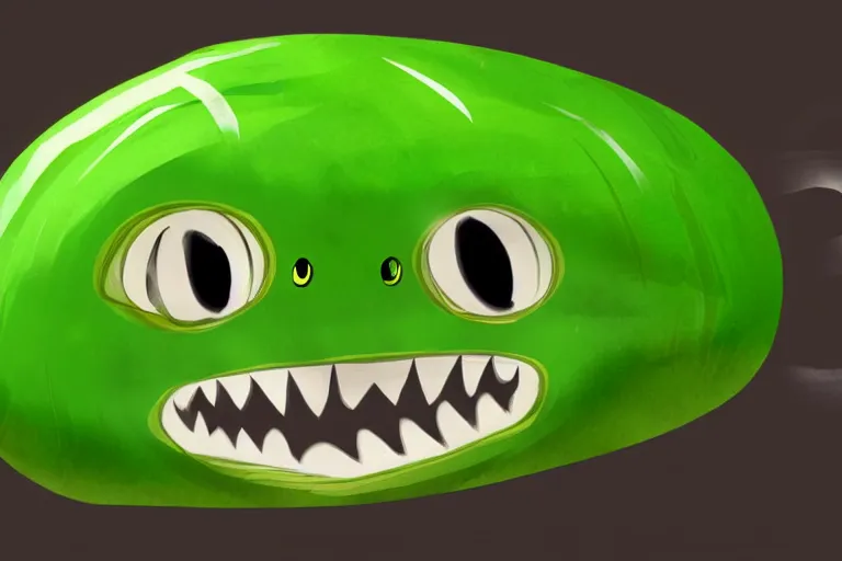 Prompt: Long Green Sausage with eyes and fangs, fine details, concept art