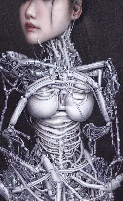 Prompt: beautiful Japanese girl is an unsettling scary terrifying bio mechanical cyborg post human, physically accurate, dramatic dynamic lighting, intricate, elegant, highly detailed, digital painting, artstation, very hyperrealistic, very very very HR GIGER, very Bensinski, Hieronymus Bosch, Francis Bacon, smooth, sharp focus, art by artgerm and greg rutkowski and alphonse mucha