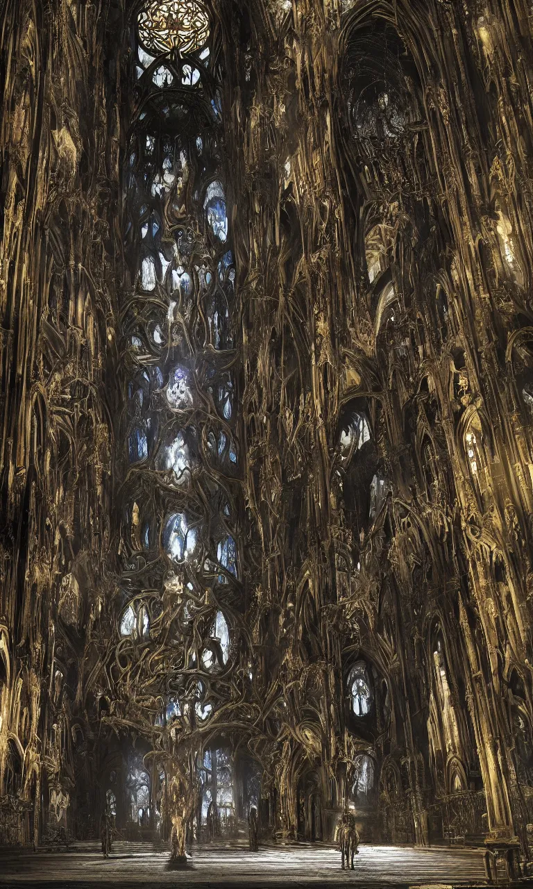 Prompt: massively tall gothic cathedral interior in giger alien style, skull shaped stained glass windows, grunge syle fog, with a rusty gold tentacle monster crawling out of a pool of dark goo, by Tsutomu Nihei and Emil Melmoth and Zdzislaw Beksinski and Craig Mullins