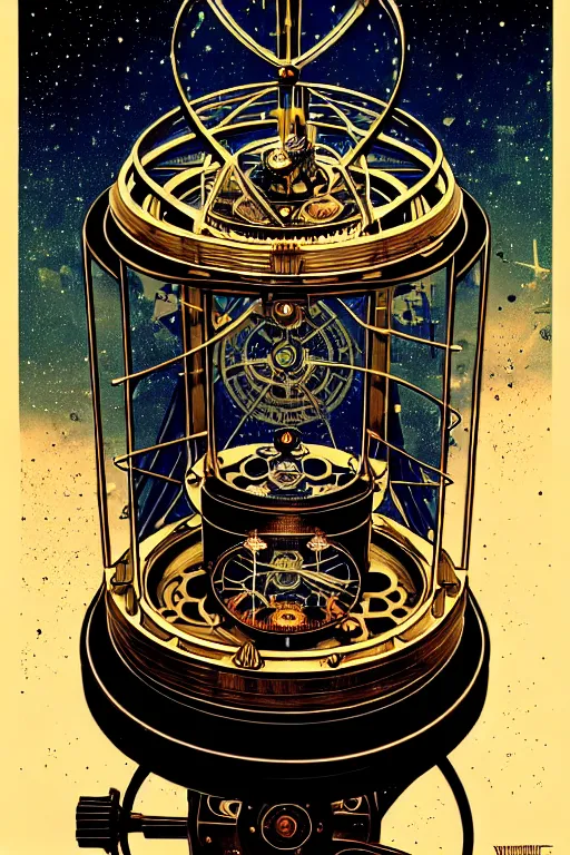 Image similar to steampunk gyroscope time machine, high details, intricately detailed, by vincent di fate, inking, 3 color screen print, masterpiece, trending on artstation,, sharp, details, hyper - detailed, hd, 4 k, 8 k