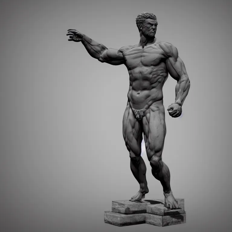 Prompt: Beautiful HD render of a muscular Greek Marble statue, octane, unity engine, soft lighting shadows, dark background