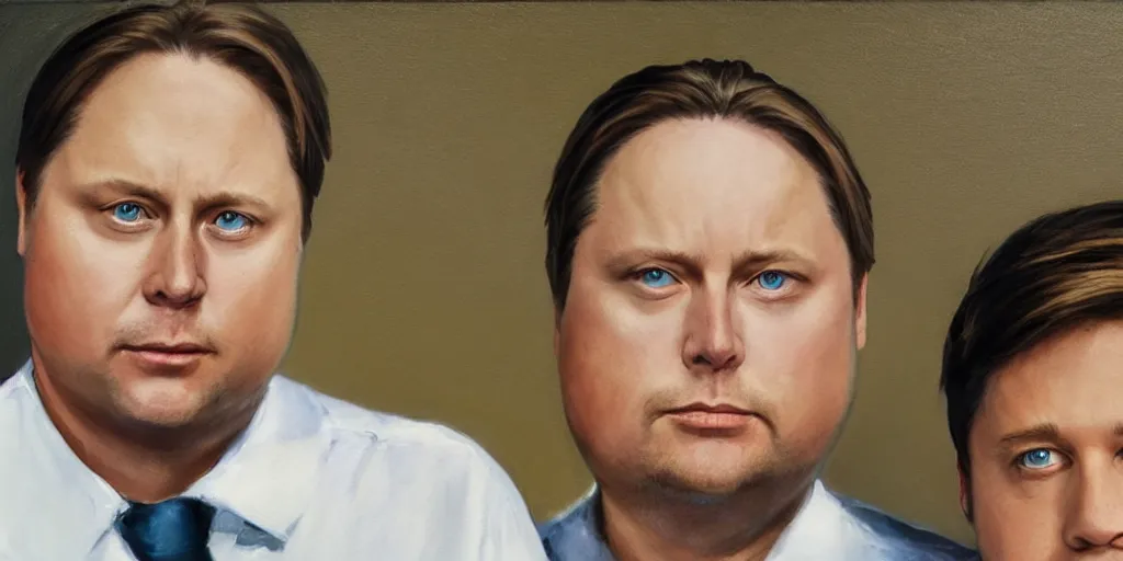 Prompt: Tim Heidecker with a halo standing behind depressed Alex Jones while laying a comforting hand on his shoulder. Oil painting, hyper realistic.