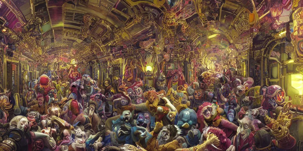 Image similar to the hallway of a space station crowded with strange characters and chaos, clown in the center of the hallway throwing a banana peel, insanely detailed and intricate, hypermaximalist, elegant, ornate, hyper realistic, super detailed, Art Deco, cinematic, trending on artstation, magic the gathering artwork, centered