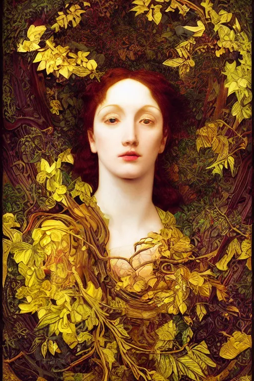 Prompt: masterpiece beautiful seductive flowing curves preraphaelite face portrait of horrors beyond comprehension amongst leaves, extreme close up shot, yellow ochre ornate medieval dress, branching abstract decorate structural circle, halo, amongst foliage, gold gilded circle halo, kilian eng and frederic leighton and rosetti, 4 k