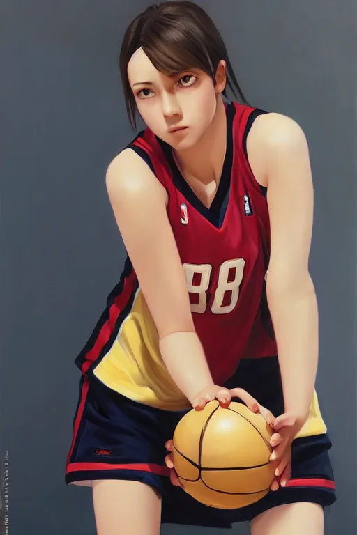 Image similar to A ultradetailed beautiful panting of a stylish girl wearing a basketball jersey, she is holding a basketball, Oil painting, by Ilya Kuvshinov, Greg Rutkowski and Makoto Shinkai