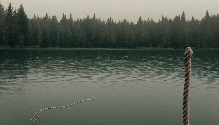 Image similar to photograph of an infinitely long rope floating on the surface of the water, the rope is snaking from the foreground towards the center of the lake, a dark lake on a cloudy day, anamorphic lens, kodak color film stock