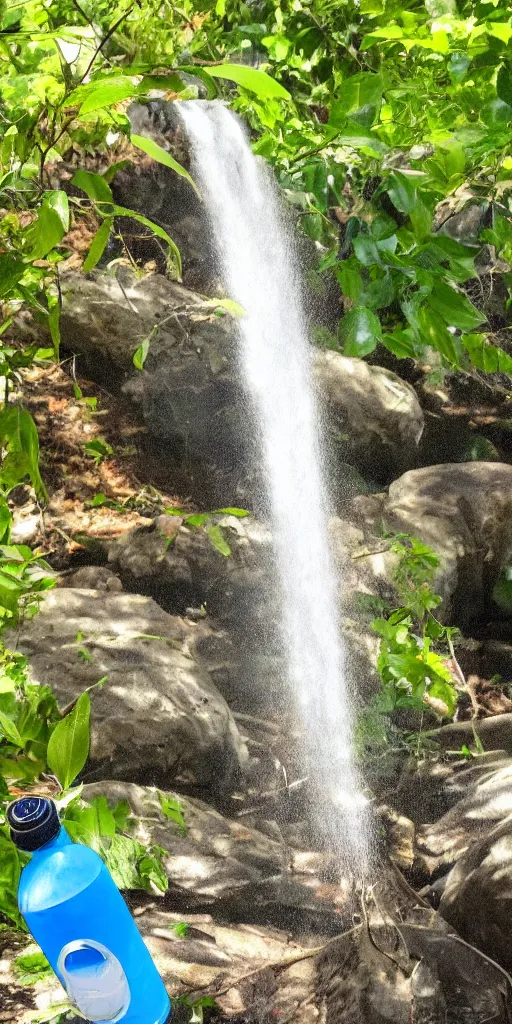 Image similar to water bottle being poured, the water coming out merges with a waterfall that is visible in the background, painting, sunny day