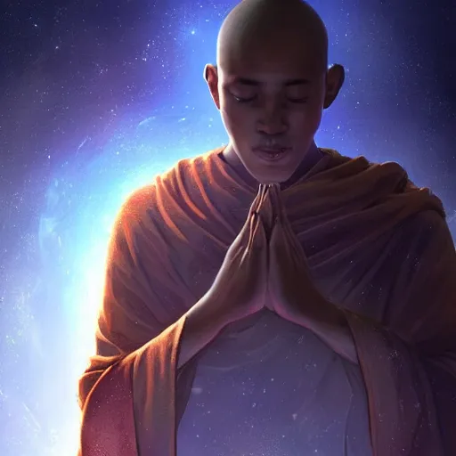 Prompt: A monk praying to the cosmos for inner peace, digital art, artstation, dramatic lighting, intricate, wild, highly detailed, digital painting, artstation, concept art, smooth, sharp focus, illustration, art by artgerm and greg rutkowski