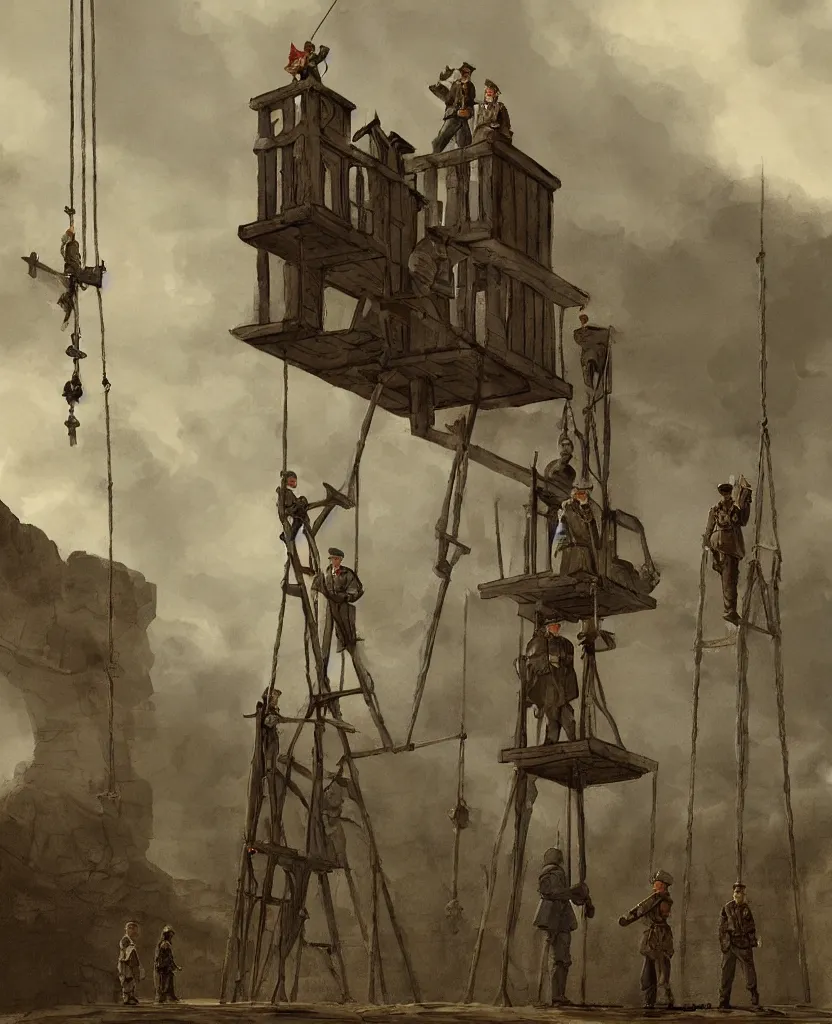 Prompt: 2 soldiers and executor and a convict standing next to a halifax gibbet on a raise platform, villagers looking on from below, concept art,