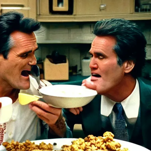 Image similar to a cinematic shot of Jim Carrey & Bruce Campbell eating from a bowl of cereal, cinematic, film grain, 8k