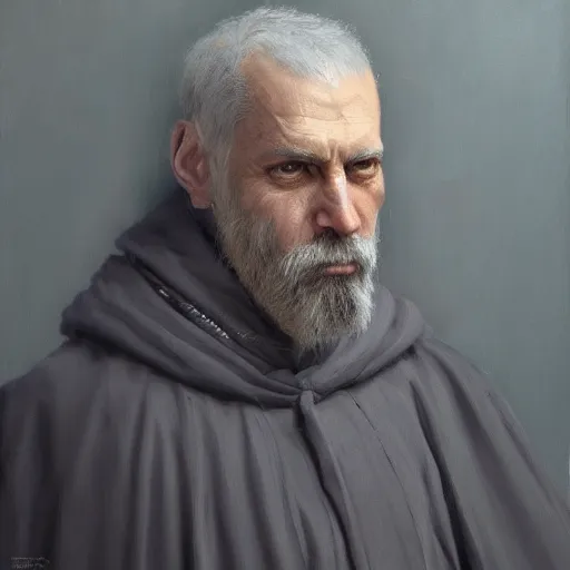 Image similar to An oil painting of a man dressed in priest robes, 50 years old, short grey hair, trimmed beard, sharp facial features, beautiful, highly detailed, by Cédric Peyravernay, trending on artstation