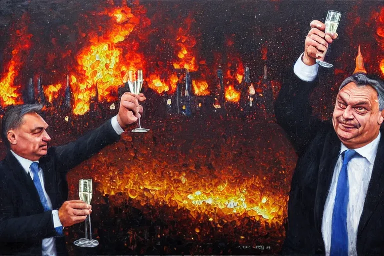 Image similar to viktor orban drinking champagne and cheering in front a burning city, highly detailed eyes, oil on canvas