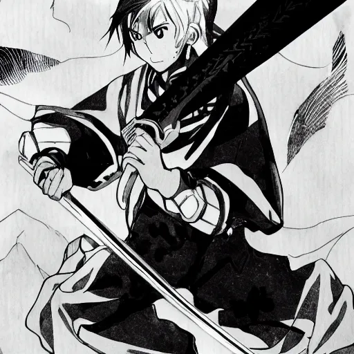 Prompt: young anime hero with a sword, illustrated by studio ghibili, manga, black and white illustration