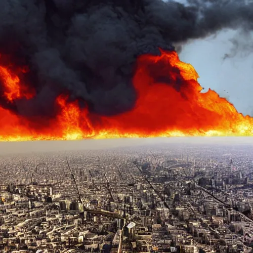 Image similar to realistic photograph of tehran in apocalyptic flames