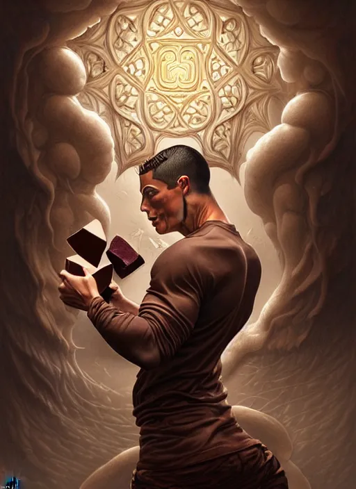 Image similar to christiano ronaldo drinking chocolate milk, intricate, elegant, highly detailed, centered, digital painting, artstation, concept art, smooth, sharp focus, illustration, artgerm, tomasz alen kopera, peter mohrbacher, donato giancola, joseph christian leyendecker, wlop, boris vallejo