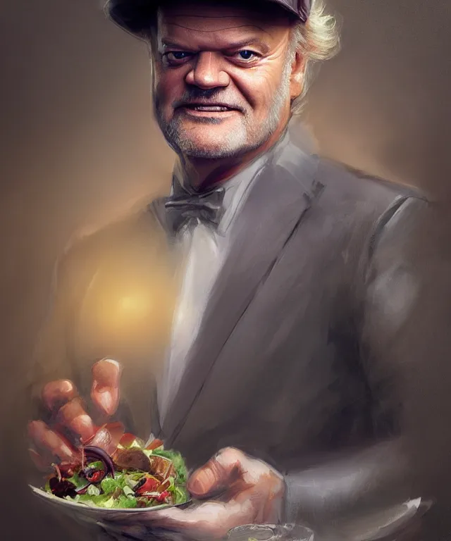 Prompt: kelsey grammer, cinematic, making tossed salad, wearing a hat, elegant, highly detailed, digital painting, artstation, smooth, hard focus, illustration, art by jessica rossier and and brian froud