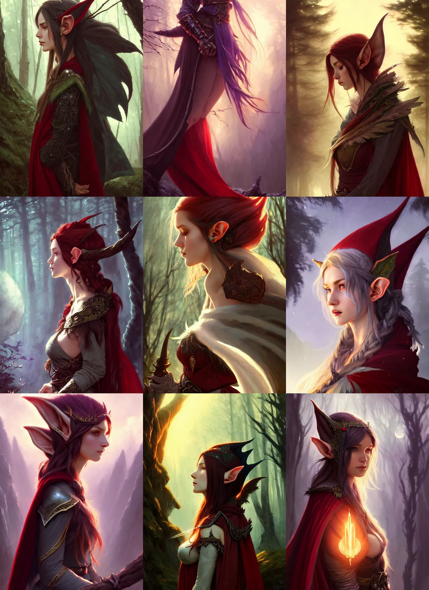 Prompt: side portrait high-fantasy elf girl, adventurer outfit large cloak, fantasy forest landscape, moonshine, fantasy magic, feathery red hair, dark light night, intricate, elegant, sharp focus, illustration, highly detailed, digital painting, concept art, matte, art by WLOP and Artgerm and Greg Rutkowski and Alphonse Mucha, masterpiece