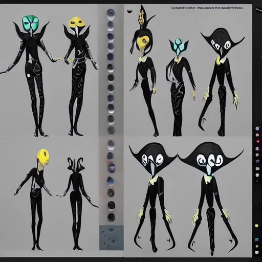Image similar to character design sheets for a fashionable nonbinary androgynous gothic manta ray humanoid person with manta ray arms who sells empty spray paint cans as a scam and is always covered in paint and acting shady, designed by splatoon nintendo, inspired by tim shafer psychonauts 2 by double fine, cgi, professional design, gaming