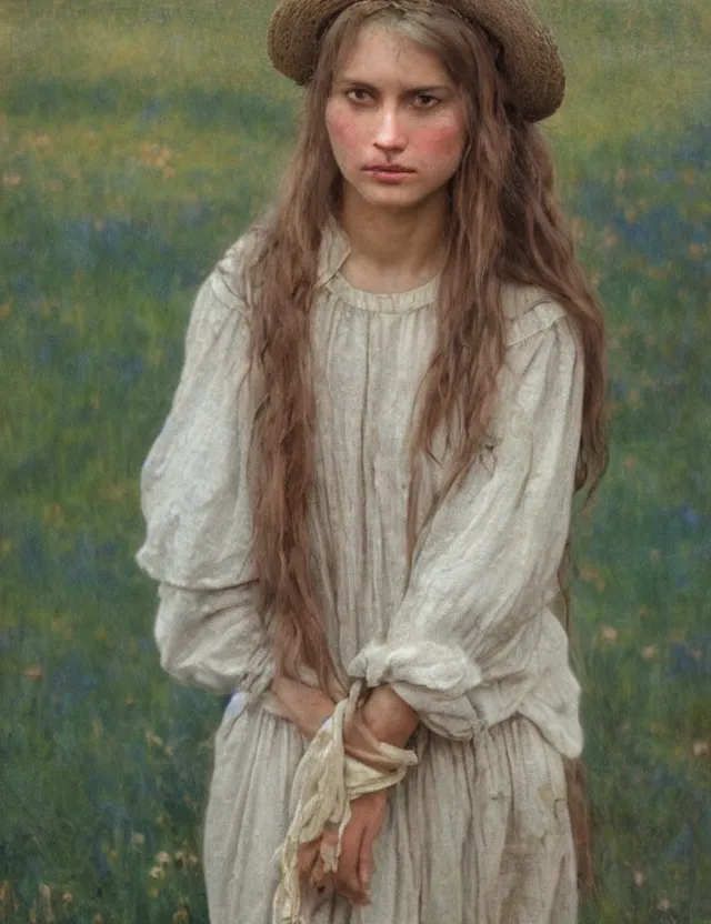 Image similar to shy and modest peasant girl long hair portrait, cottage core, cinematic focus, polaroid photo bleached vintage pastel colors high - key lighting, soft lights, foggy, by steve hanks, by lisa yuskavage, by serov valentin, by tarkovsky, 8 k render, detailed, oil on canvas