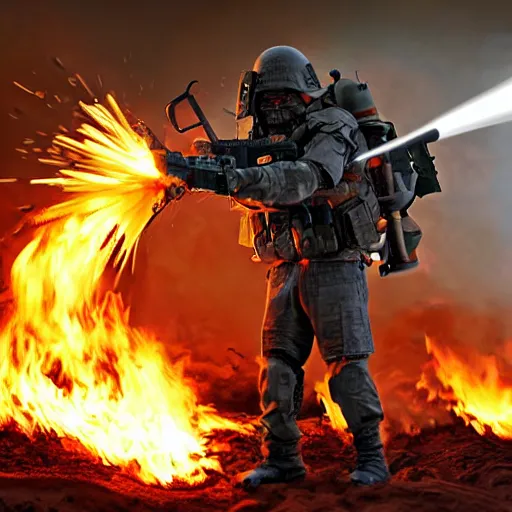 Image similar to angry man in juggernaut armor burning a desktop tower pc with a military flamethrower