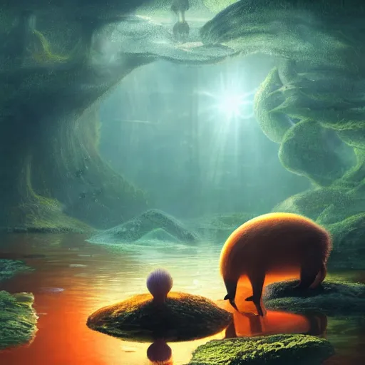 Prompt: Capybara swimming in a lake in a mushroom forest, digital art, psychedelic, by WLOP, by Artgerm, by Greg Rutkowski, volumetrics, octane render