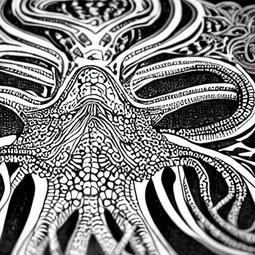 Prompt: detailed intricate black and white illustration of an alien octopus