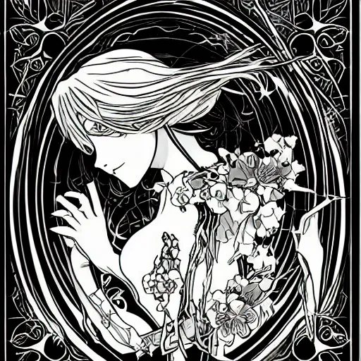Image similar to anime manga skull portrait marvel young woman angel fairytale profile skeleton illustration style by Alphonse Mucha pop art nouveau