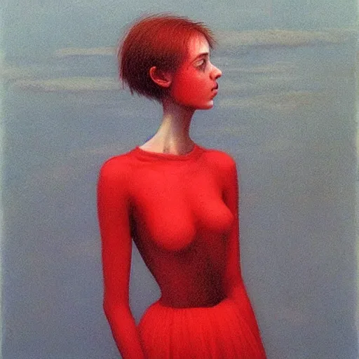 Prompt: portrait of pale white young teen girl 16 years old in beautiful red dress, she has black short hairs. Painting by Beksinski