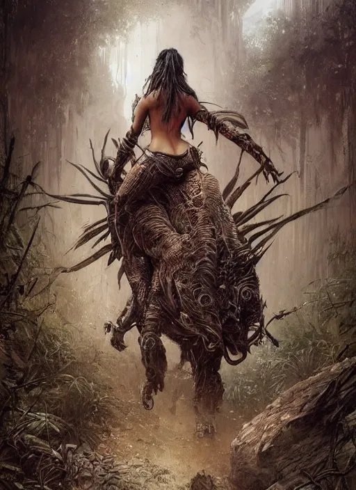 Image similar to a portrait of a very beautiful cute tribal woman riding a mutated jaguar in a post apocalyptic city overgrown with lush vegetation, by Luis Royo, by Greg Rutkowski, dark, gritty, intricate, backlit, strong rimlight, cover illustration, concept art, volumetric lighting, volumetric atmosphere, sharp focus, octane render, trending on artstation, 8k