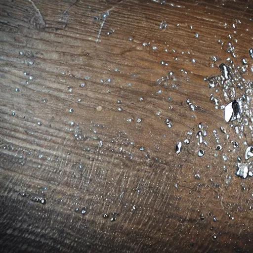Prompt: silver drops on an old wood table