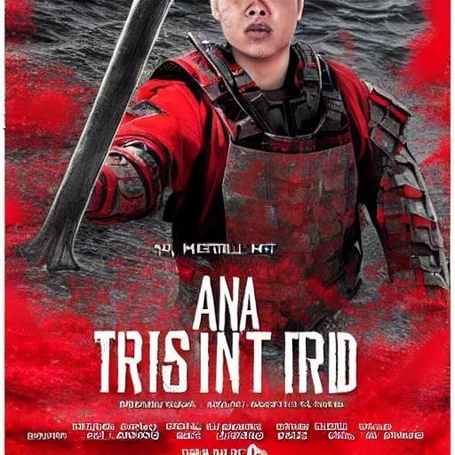 Prompt: an armored warrior with a sword drowns in a sea of red thread, movie poster