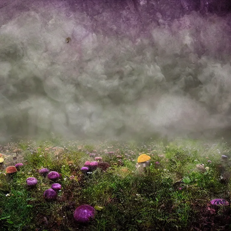 Image similar to a planet of various fungus, mushrooms, flowers and plants, inside the picture is infinity, Atmospheric, artistic photography, conceptual, long exposure outside the city, volumetric light