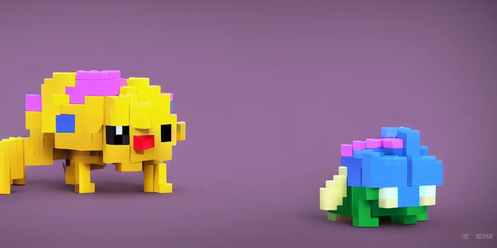 Image similar to tiny creature made of one brick, big round cute eyes, quadrupedal, cute looking, blocky shape, kawaii, sharp focus, character, game concept art, blocky, lego mixels, flat toon style like katamari damacy inspired, pokemon inspired, promotional poster art, high quality voxel render