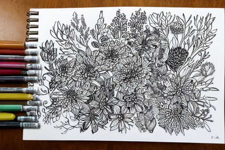 Image similar to floral and plants doodle art, intricate pen and ink drawing