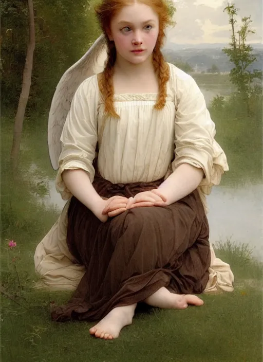 Image similar to Angel Sadie Elizabeth Sink , barefoot In the style of william adolphe bouguereau