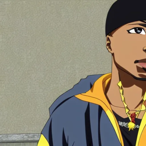 Image similar to Tupac Shakur, screenshot from a 2012s anime