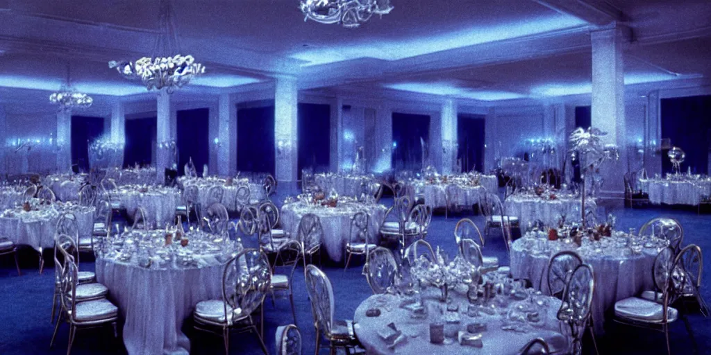 Prompt: a blue glowing phantom hovers inside of a banquet hall ( 1 9 8 4 ).