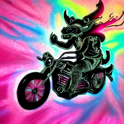 Image similar to psychedelic blacklight airbrush artwork of a stylized orc on a motorcycle, black background