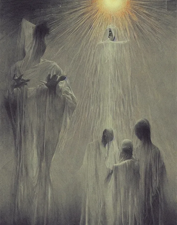 Image similar to a crystal orb radiating white light, worshippers in robes belonging to the cult of the crystal reach out to touch it, interior of a small room, beksinski painting, part by adrian ghenie and gerhard richter. art by takato yamamoto. masterpiece, deep colours