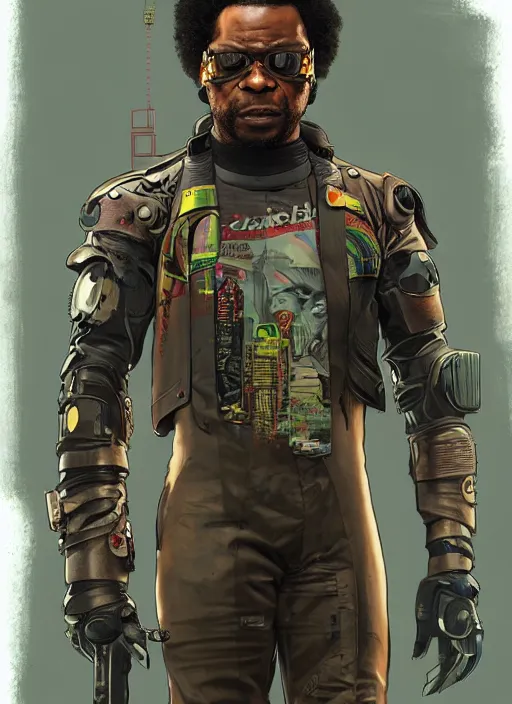 Image similar to chidi igwe. cyberpunk mercenary in tactical harness and jumpsuit. dystopian. portrait by stonehouse and mœbius and will eisner and gil elvgren and pixar. realistic proportions. cyberpunk 2 0 7 7, apex, blade runner 2 0 4 9 concept art. cel shading. attractive face. thick lines.