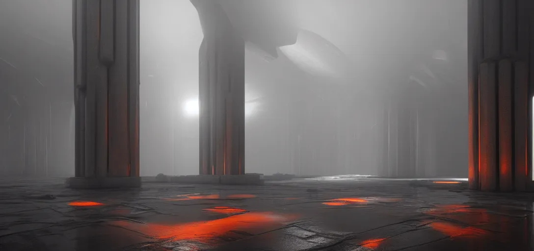 Image similar to dramatic view of empty brutalist underground structure, giant towering pillars, heavy glowing orange fog, unreal engine, dramatic lighting, detailed, ambient occlusion, global illumination, god rays, 3 d artstation render by greg rutowski and jessica rossier