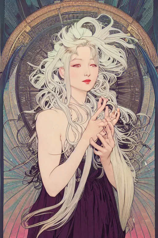 Prompt: magnum opus portrait professional photograph female holding white hair glowing, blush, pleated skirt, flowing hair, slim face, elegant, alphonse mucha, by yoichi hatakenaka, masamune shirow, josan gonzales and dan mumford, ayami kojima, takato yamamoto, barclay shaw, karol bak, yukito kishiro