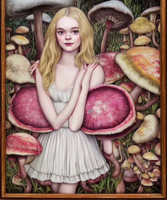 Image similar to portrait of Elle Fanning in wonderland, giant mushrooms, lowbrow painting by Mark Ryden