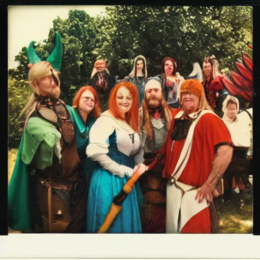 Image similar to polaroid photo from 1998 fantasy cosplay ren-fair of a fellowship at a tavern