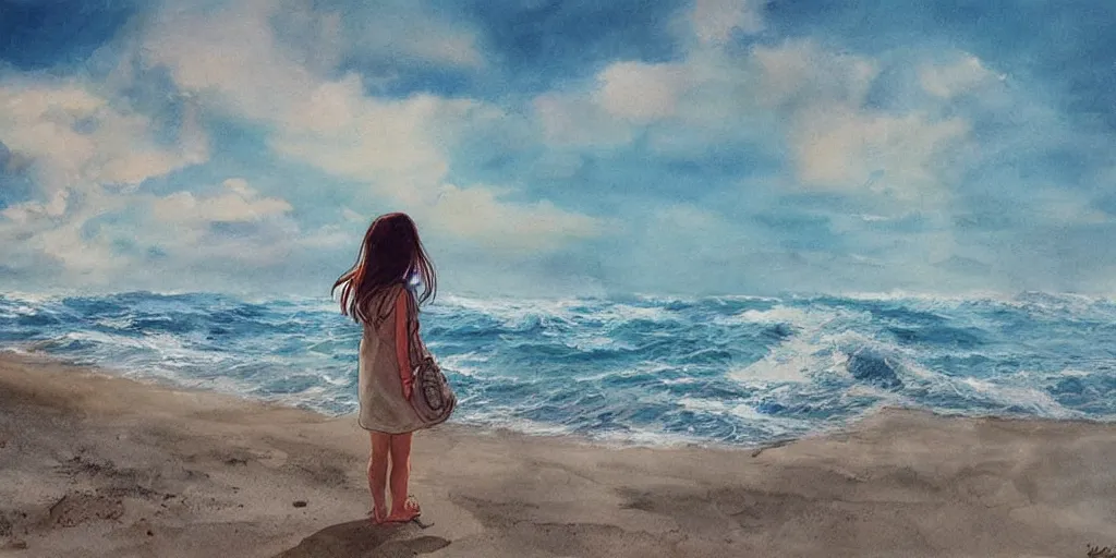 Image similar to girl looking at the ocean waves, superwide angle, intricate, highly detailed, illustration, art by Leon Bosko